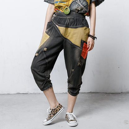 Casual Pockets Spliced Elastic Waist Jeans