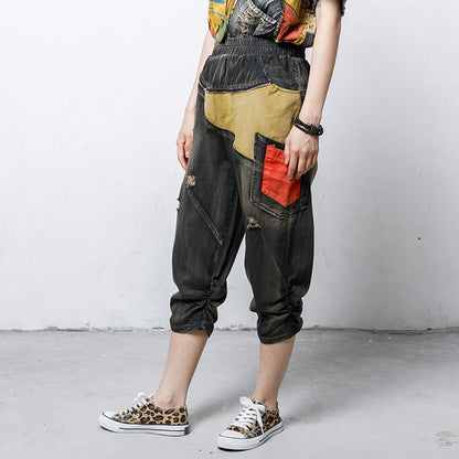 Casual Pockets Spliced Elastic Waist Jeans