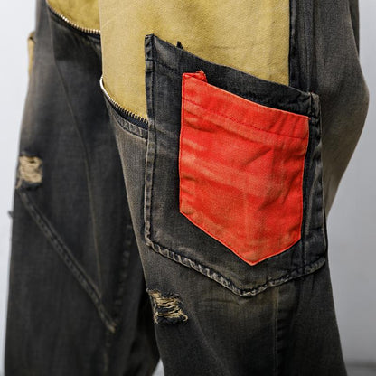 Casual Pockets Spliced Elastic Waist Jeans
