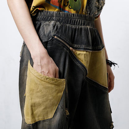 Casual Pockets Spliced Elastic Waist Jeans