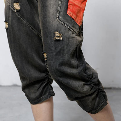Casual Pockets Spliced Elastic Waist Jeans