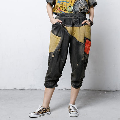 Casual Pockets Spliced Elastic Waist Jeans
