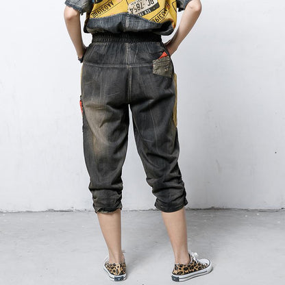 Casual Pockets Spliced Elastic Waist Jeans