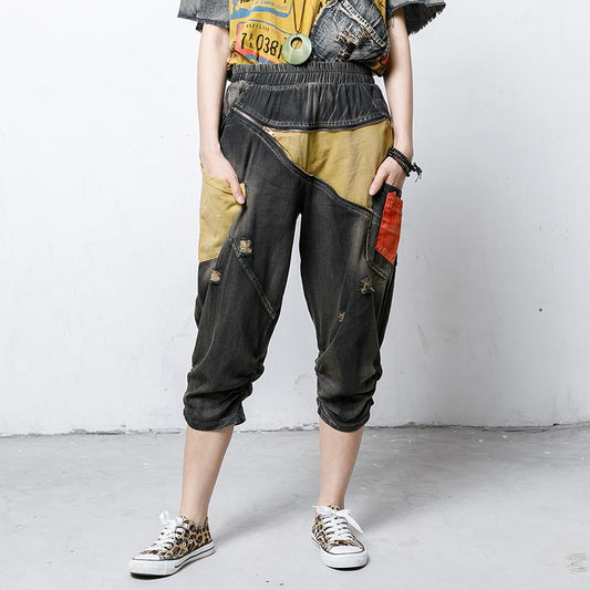 Casual Pockets Spliced Elastic Waist Jeans