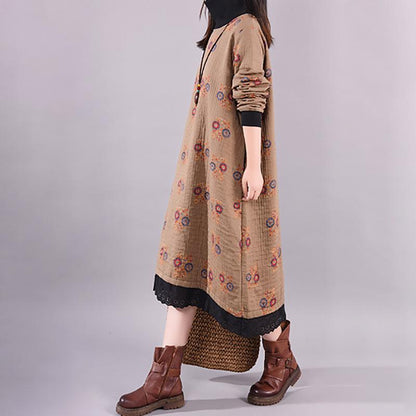 Casual Printed Lace Hem Thick Comfortable Dress