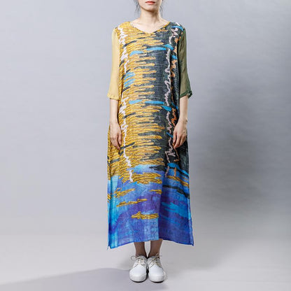Casual Printed Spliced Midi Dress With Belt