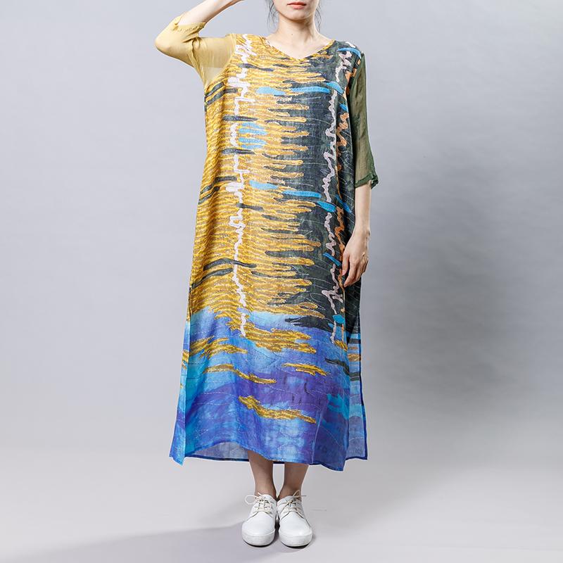 Casual Printed Spliced Midi Dress With Belt