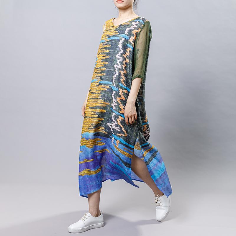 Casual Printed Spliced Midi Dress With Belt