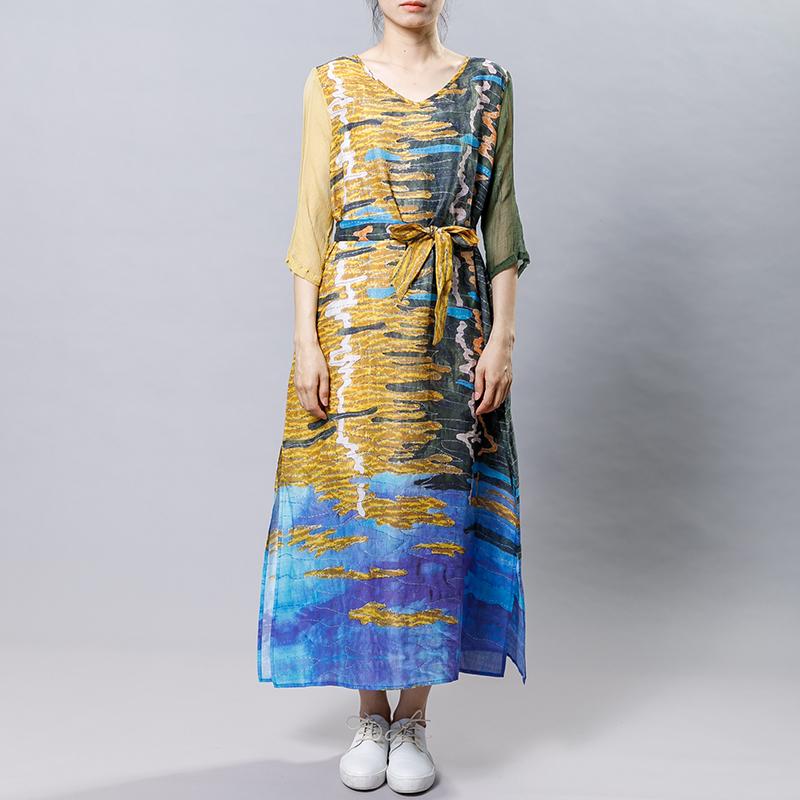 Casual Printed Spliced Midi Dress With Belt