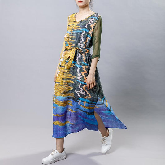 Casual Printed Spliced Midi Dress With Belt