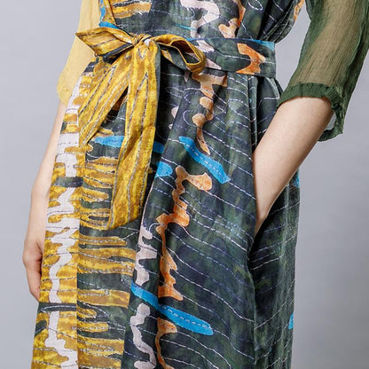 Casual Printed Spliced Midi Dress With Belt