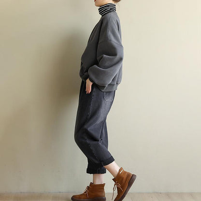 Casual Pure Color Wrinkle Fleece Sweatshirt