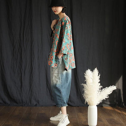 Summer Casual Retro Printed Pullover Linen T-Shirt