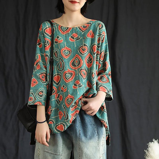 Summer Casual Retro Printed Pullover Linen T-Shirt