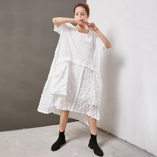 Casual Round Neck Cotton Solid Irregular Dress