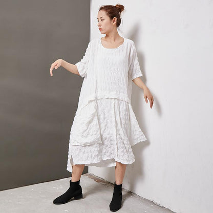 Casual Round Neck Cotton Solid Irregular Dress