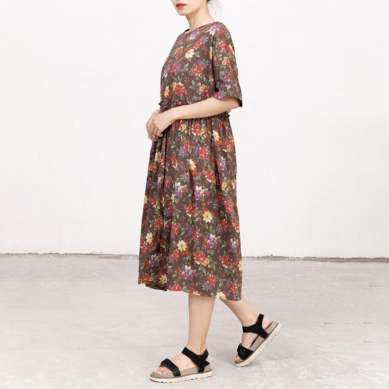 Casual Short Sleeve Pockets Floral Lacing Pleated Dress