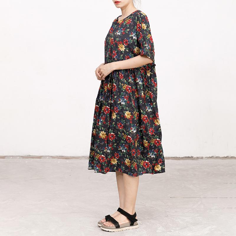 Casual Short Sleeve Pockets Floral Lacing Pleated Dress