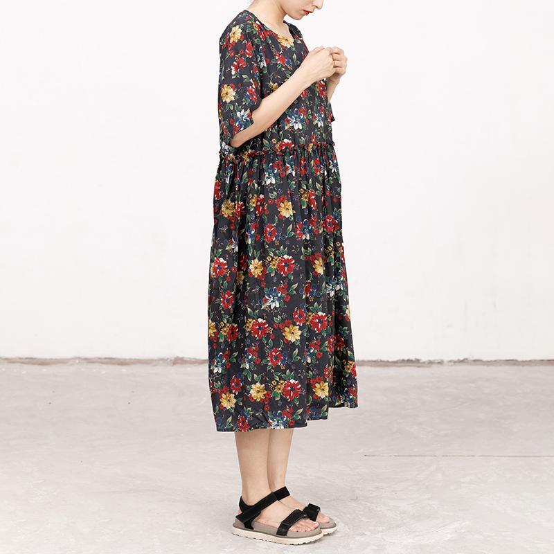Casual Short Sleeve Pockets Floral Lacing Pleated Dress