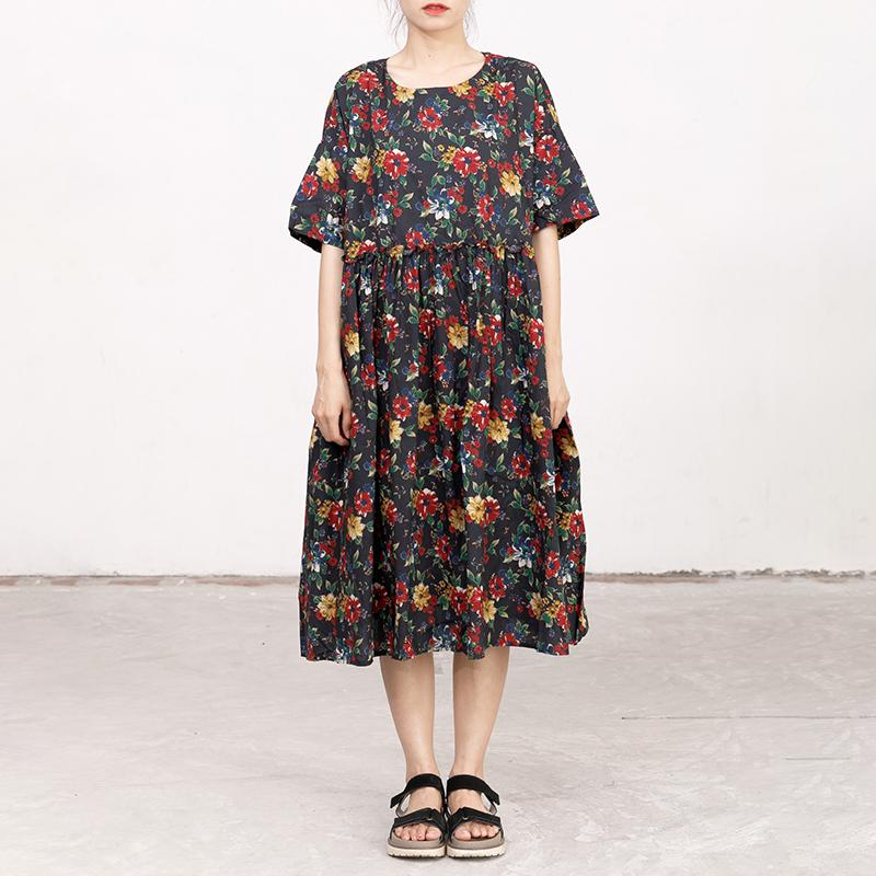 Casual Short Sleeve Pockets Floral Lacing Pleated Dress