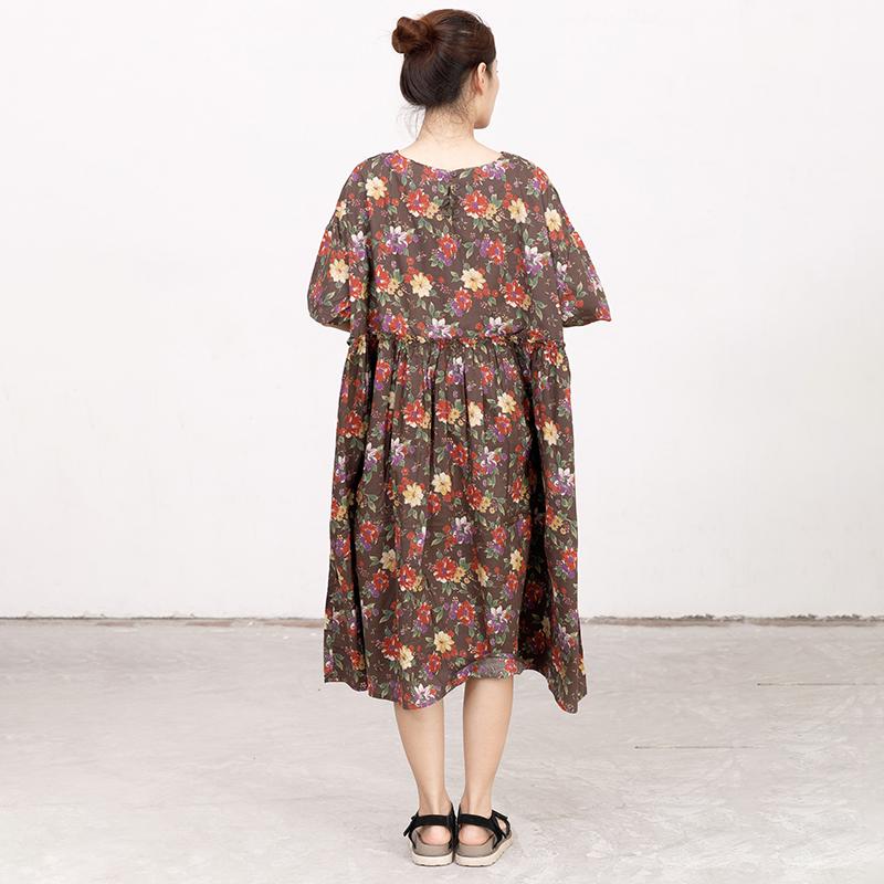 Casual Short Sleeve Pockets Floral Lacing Pleated Dress