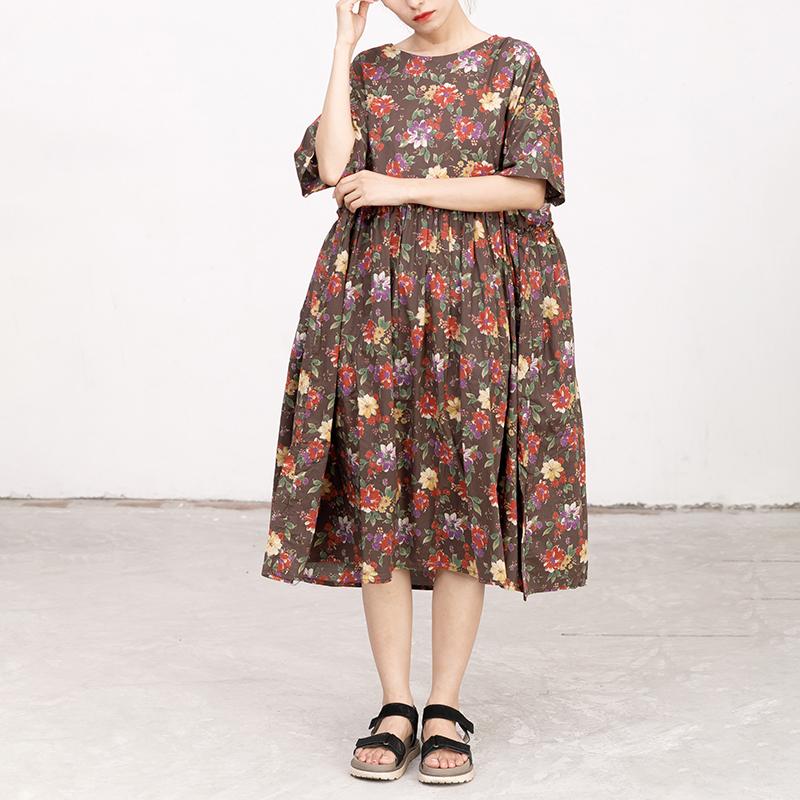 Casual Short Sleeve Pockets Floral Lacing Pleated Dress