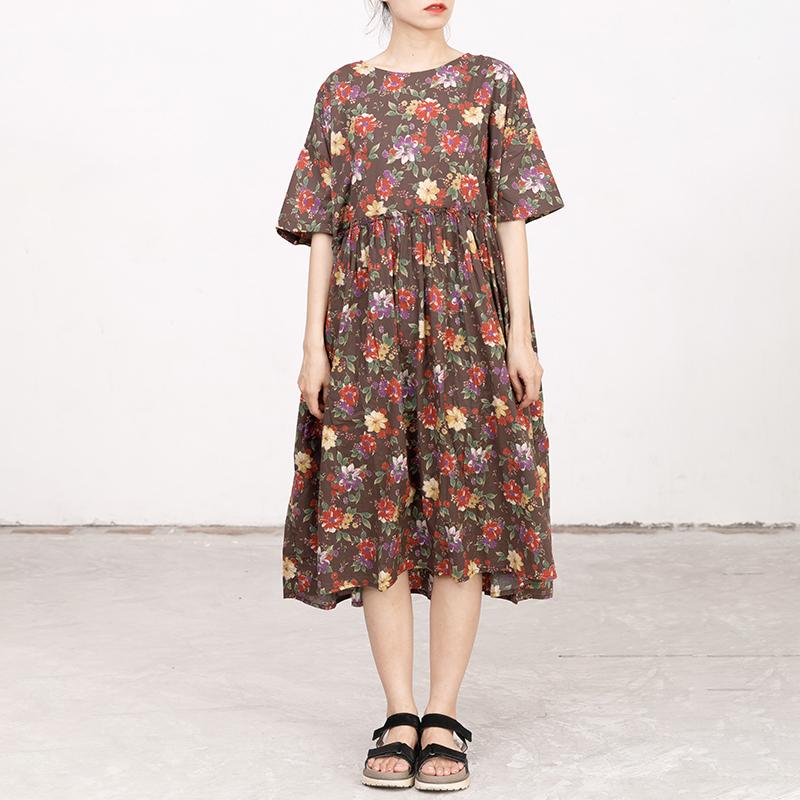 Casual Short Sleeve Pockets Floral Lacing Pleated Dress