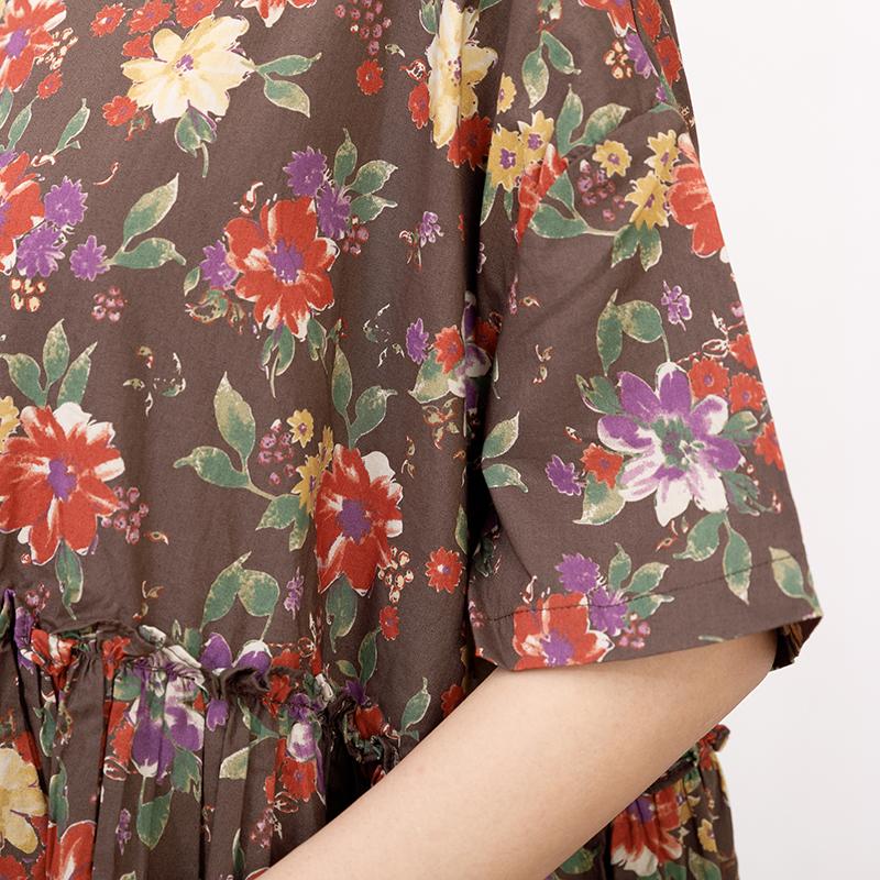 Casual Short Sleeve Pockets Floral Lacing Pleated Dress