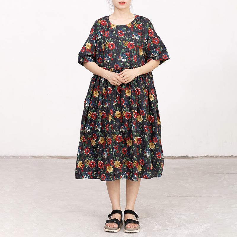 Casual Short Sleeve Pockets Floral Lacing Pleated Dress