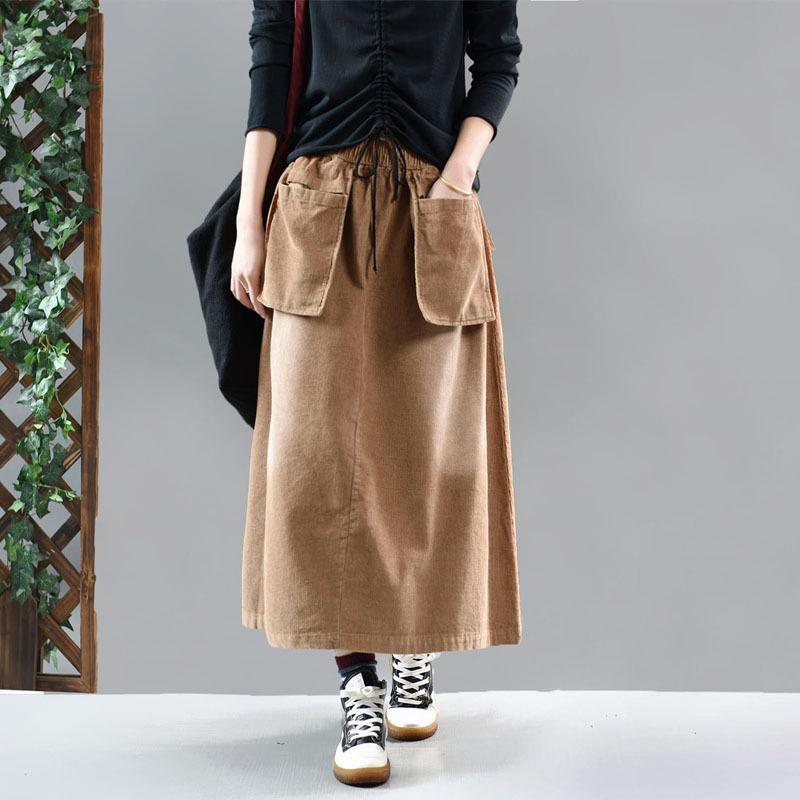 Casual Solid Color Elastic Waist Corduroy Skirt