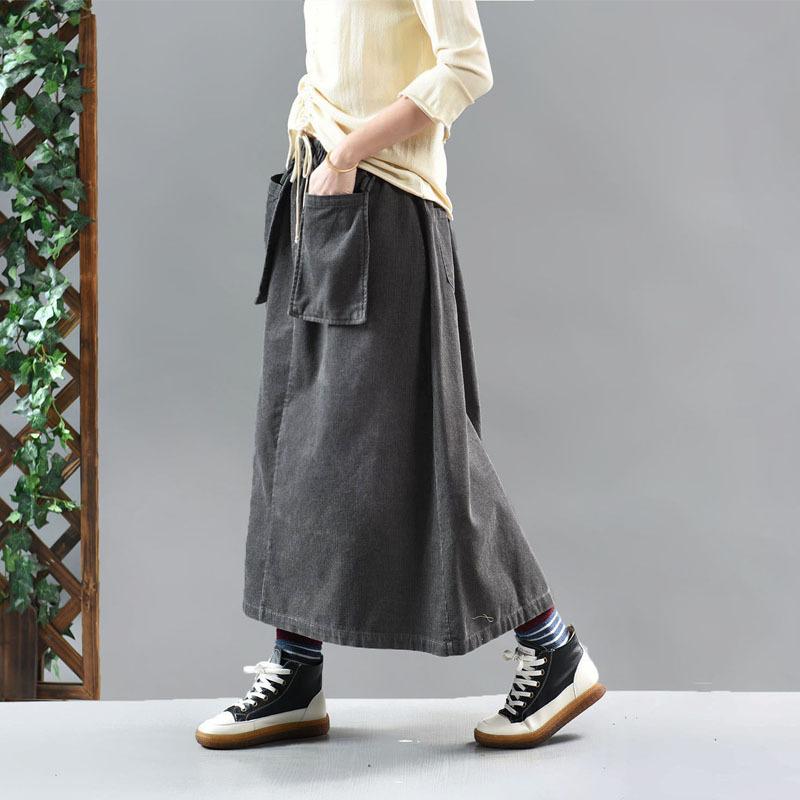 Casual Solid Color Elastic Waist Corduroy Skirt