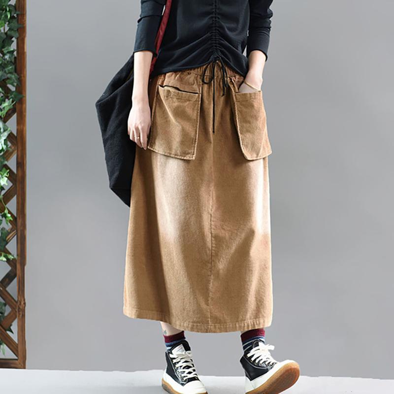 Casual Solid Color Elastic Waist Corduroy Skirt