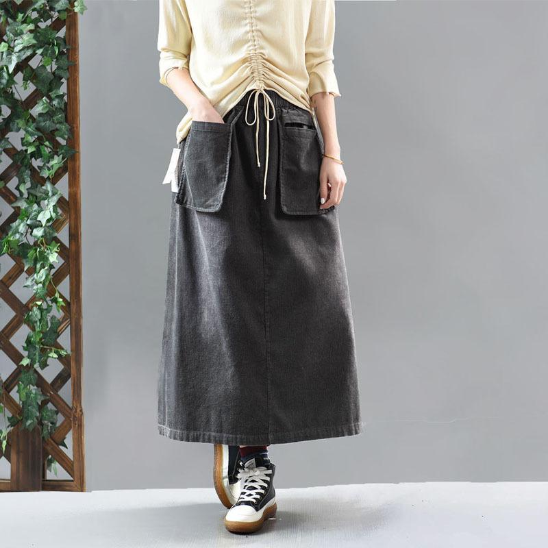 Casual Solid Color Elastic Waist Corduroy Skirt