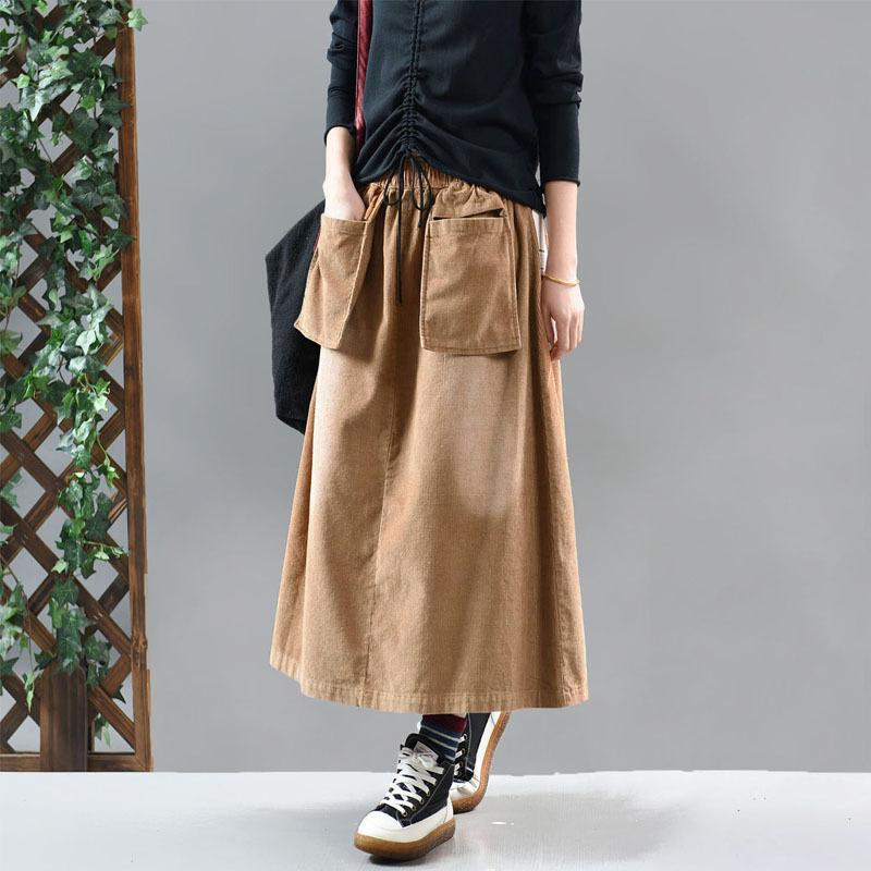 Casual Solid Color Elastic Waist Corduroy Skirt