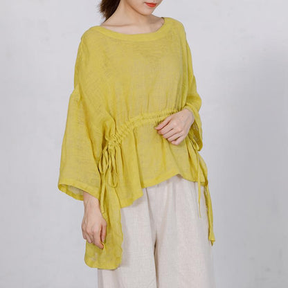 Casual Solid Round Neck Drawstring Plus Size Blouse