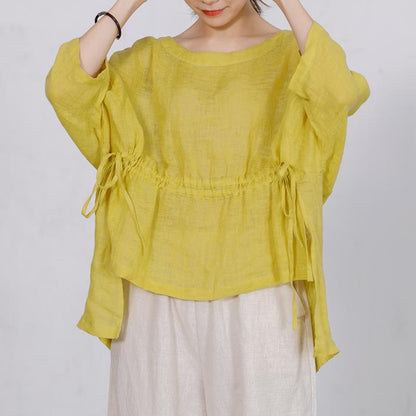 Casual Solid Round Neck Drawstring Plus Size Blouse