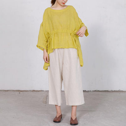 Casual Solid Round Neck Drawstring Plus Size Blouse