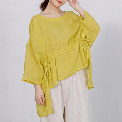 Casual Solid Round Neck Drawstring Plus Size Blouse