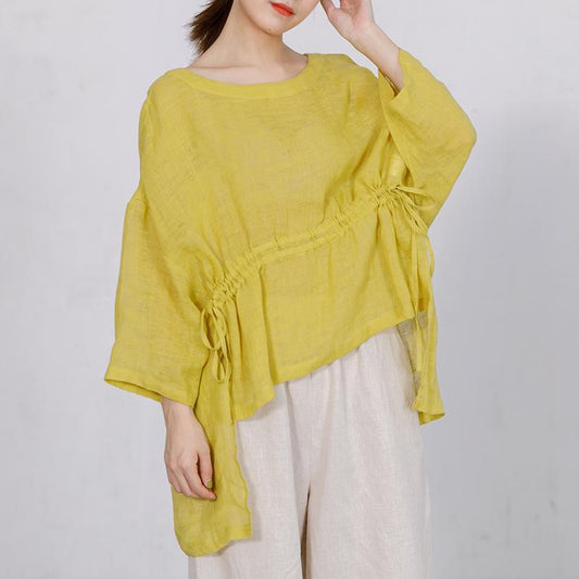 Casual Solid Round Neck Drawstring Plus Size Blouse