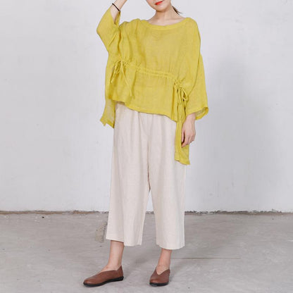 Casual Solid Round Neck Drawstring Plus Size Blouse