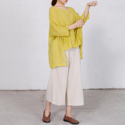 Casual Solid Round Neck Drawstring Plus Size Blouse