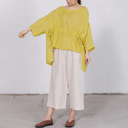 Casual Solid Round Neck Drawstring Plus Size Blouse