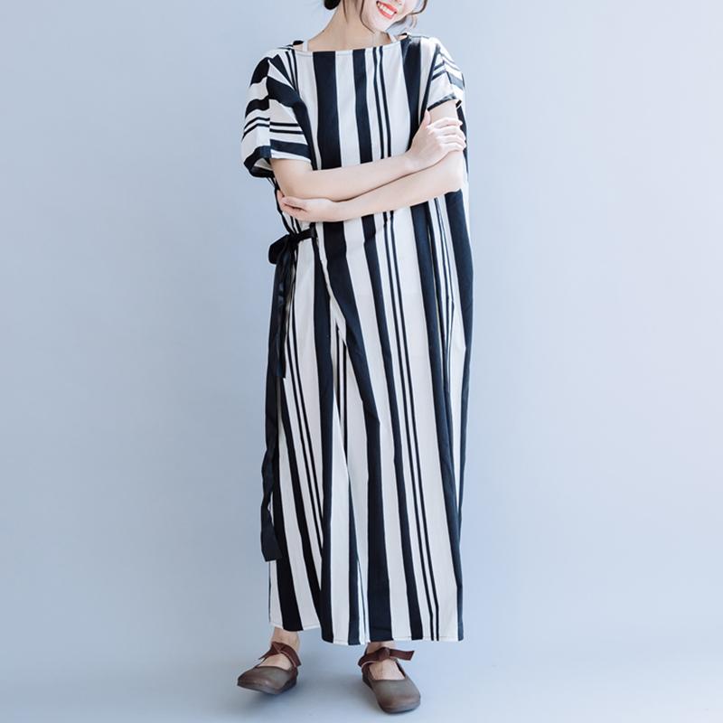 Casual Striped Cotton Linen Drawstring Dress