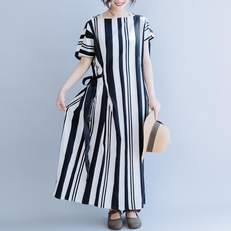 Casual Striped Cotton Linen Drawstring Dress