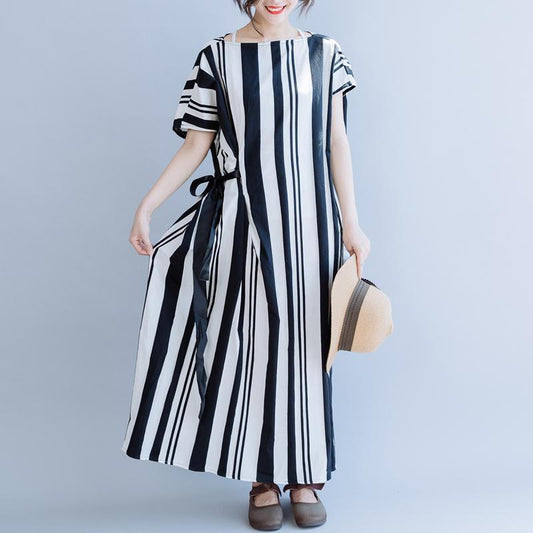 Casual Striped Cotton Linen Drawstring Dress
