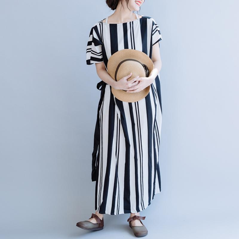 Casual Striped Cotton Linen Drawstring Dress