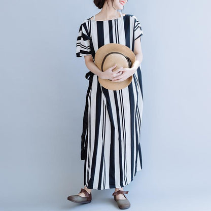 Casual Striped Cotton Linen Drawstring Dress