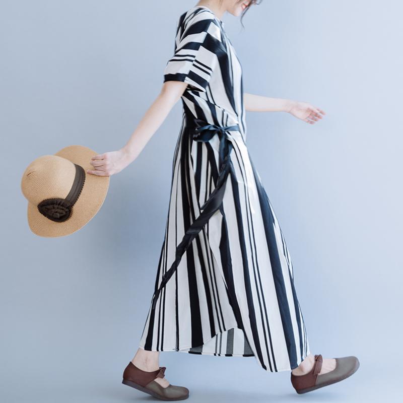 Casual Striped Cotton Linen Drawstring Dress