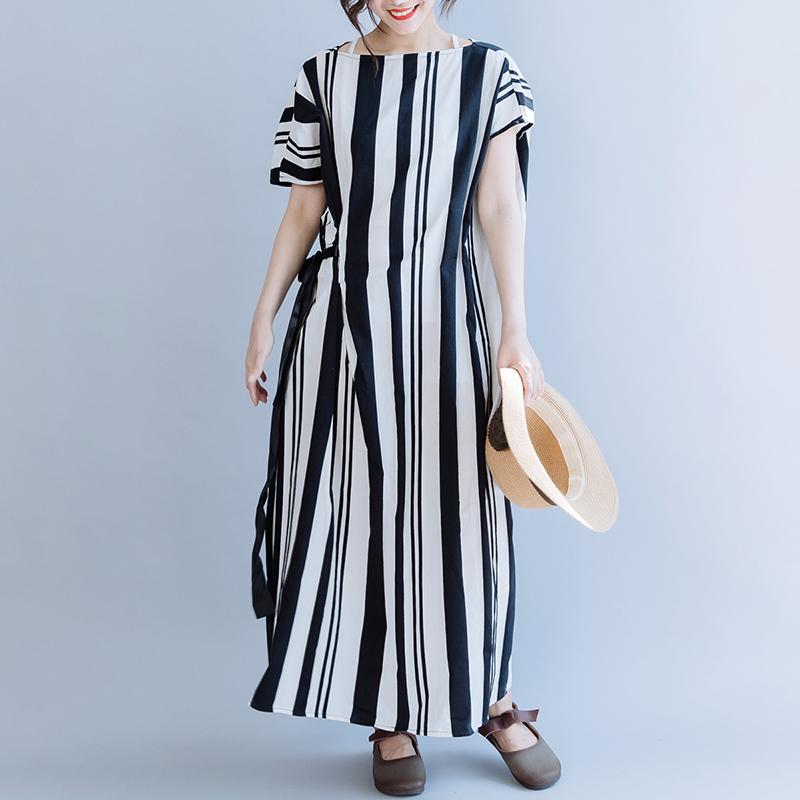 Casual Striped Cotton Linen Drawstring Dress