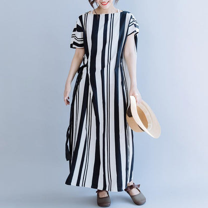 Casual Striped Cotton Linen Drawstring Dress